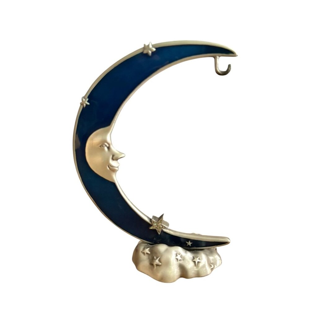 Spoontiques Pewter Glitter Blue Enameled Moon Face Star Ornament Holder Stand - Picture 2 of 8